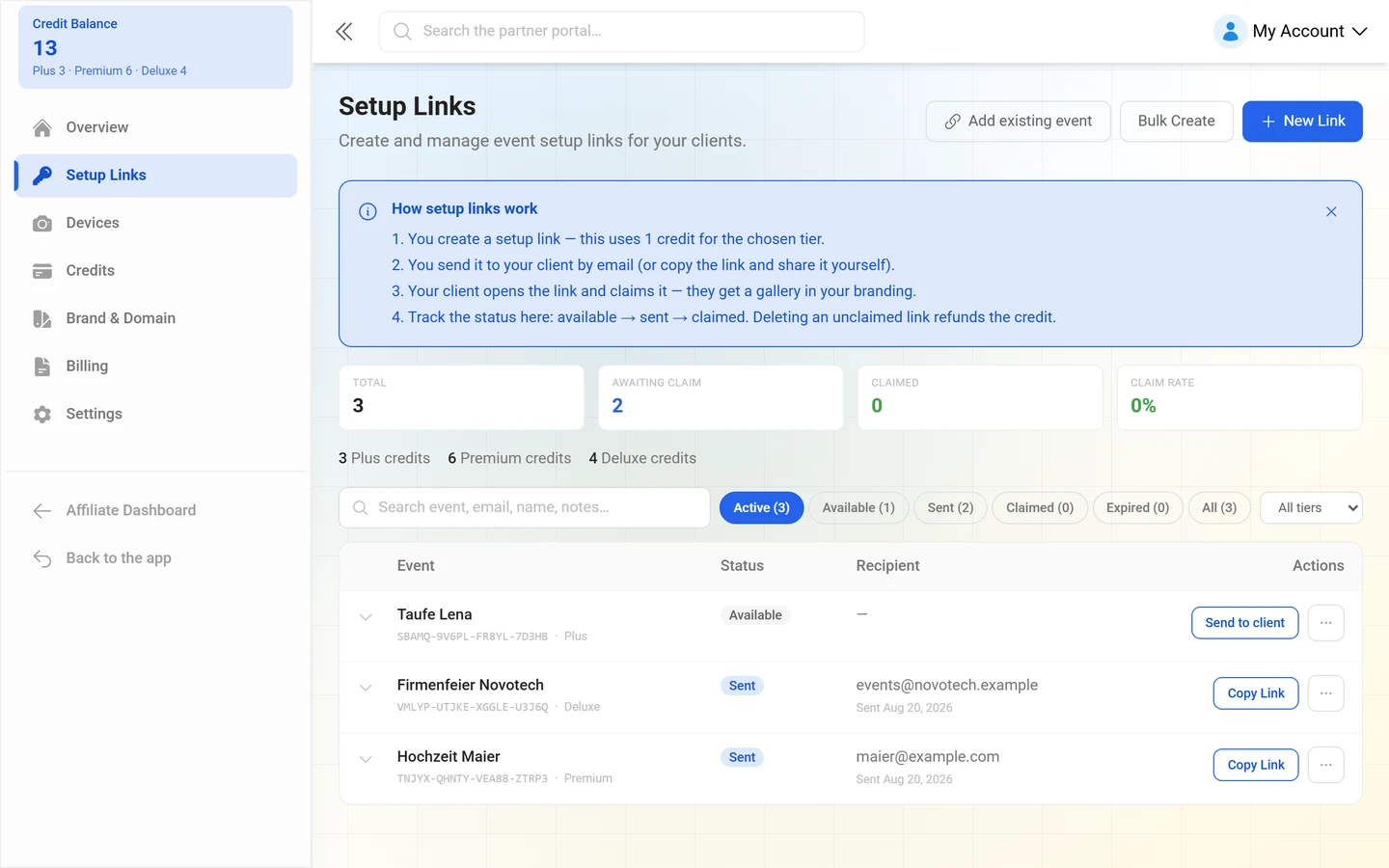 Setup links page with key figures and the list of keys