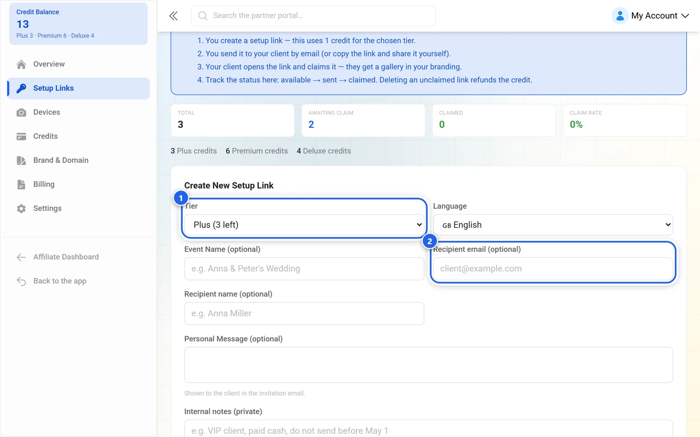 Create New Setup Link form with the Tier field and the Recipient email field highlighted