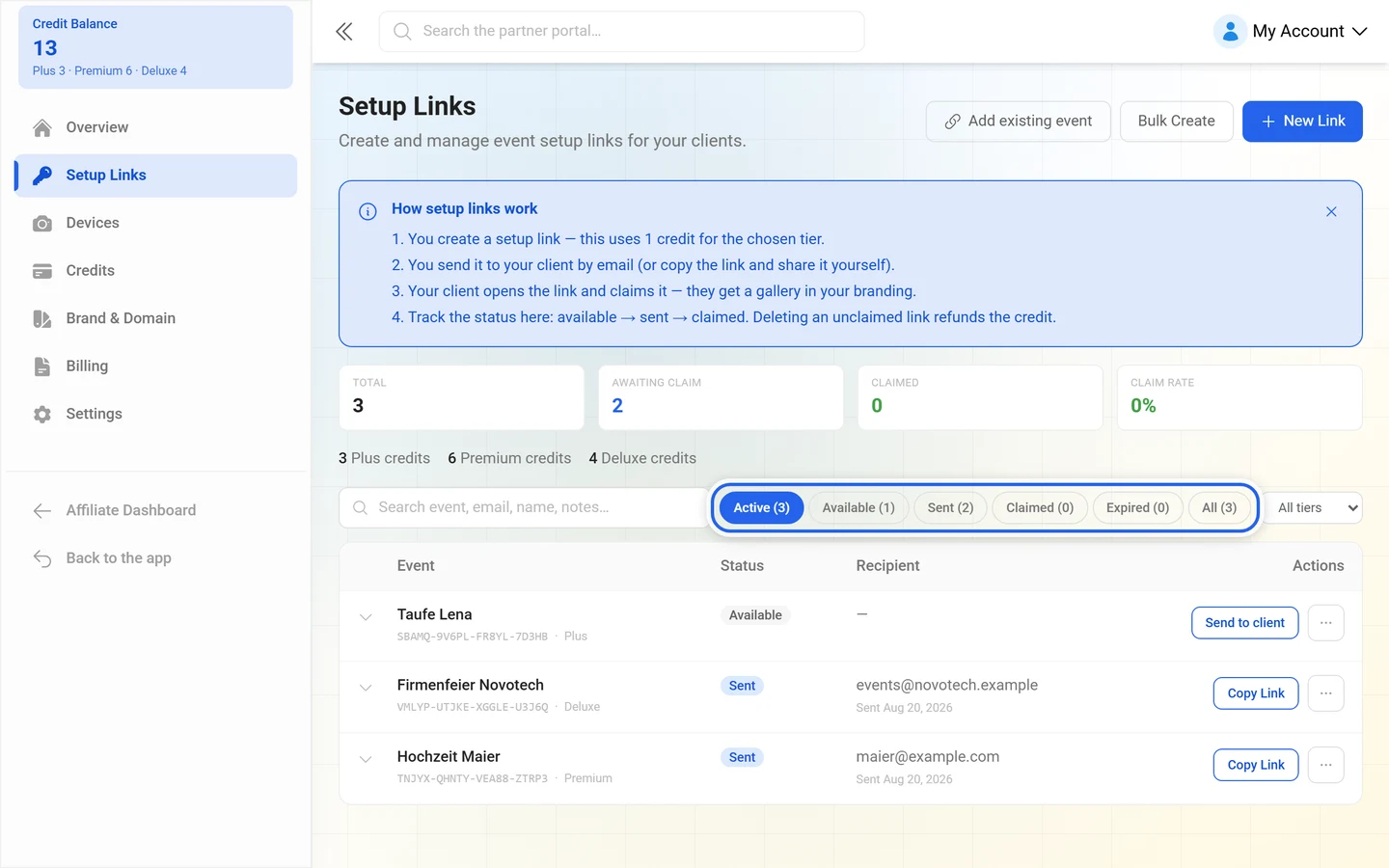 Status filter pills of the setup link list with counts, highlighted