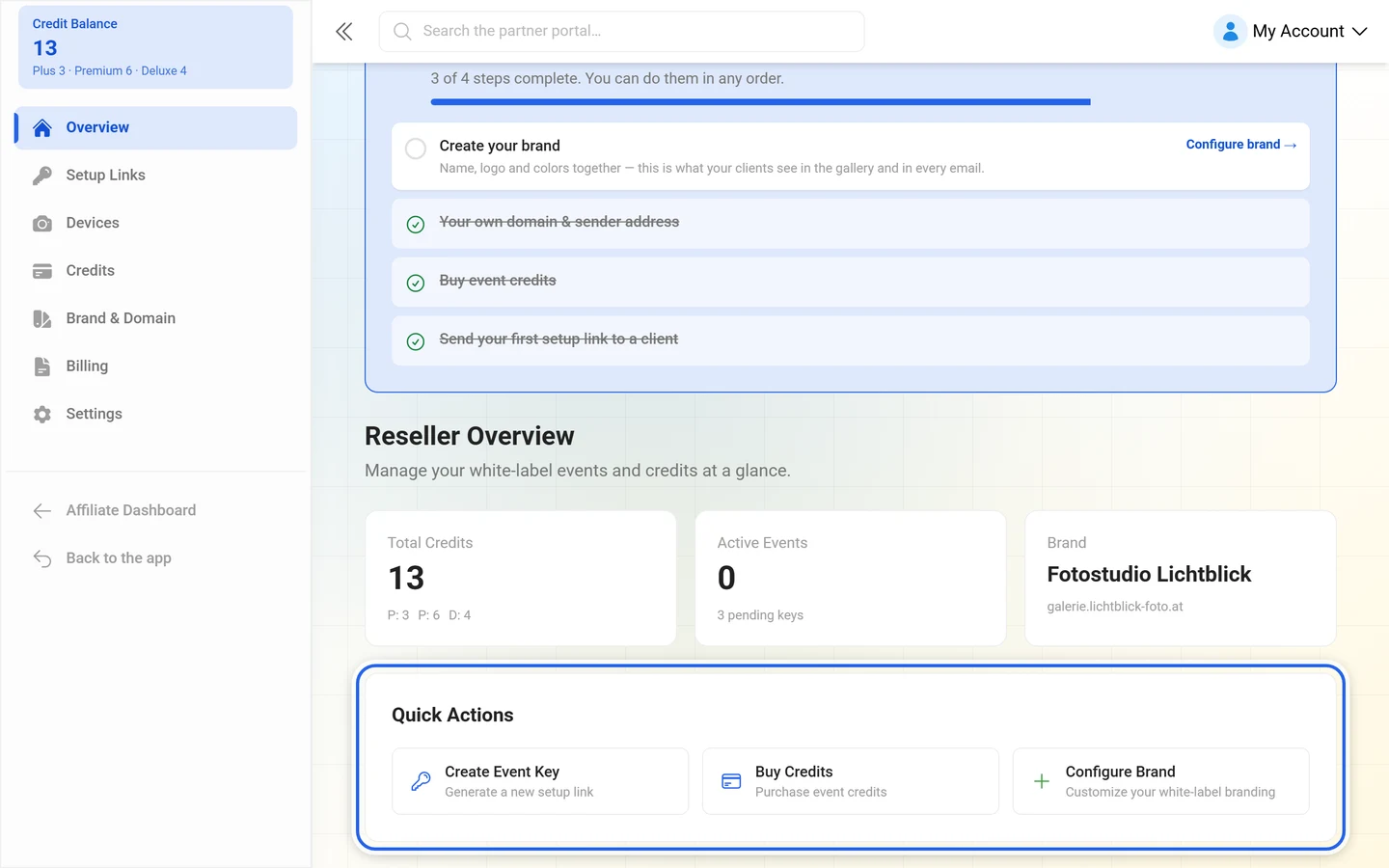 Reseller overview with the Quick Actions card highlighted
