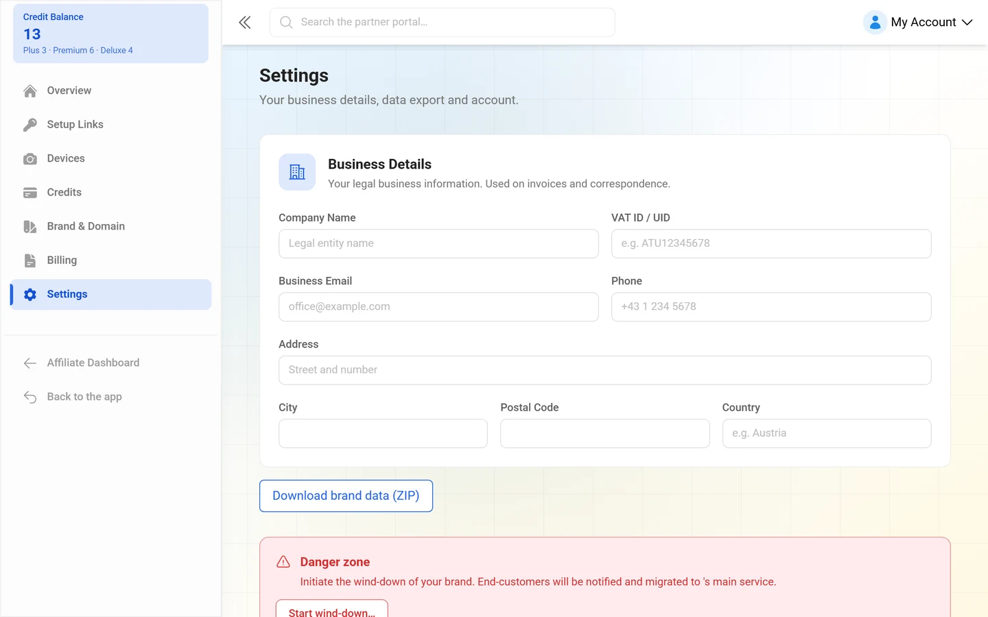Settings page with the Business Details form
