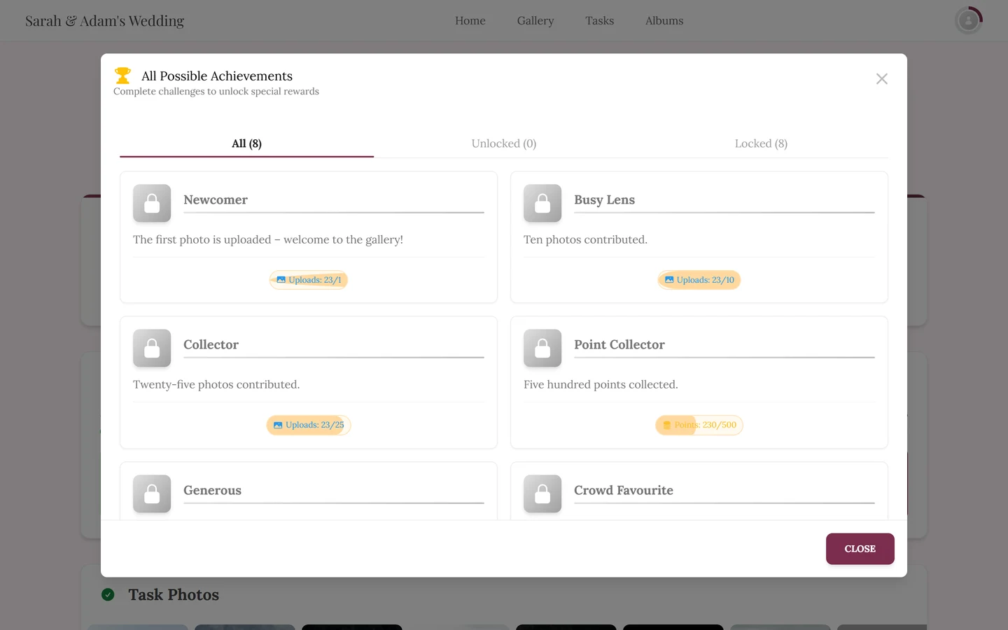 All Possible Achievements dialog with the All, Unlocked and Locked tabs
