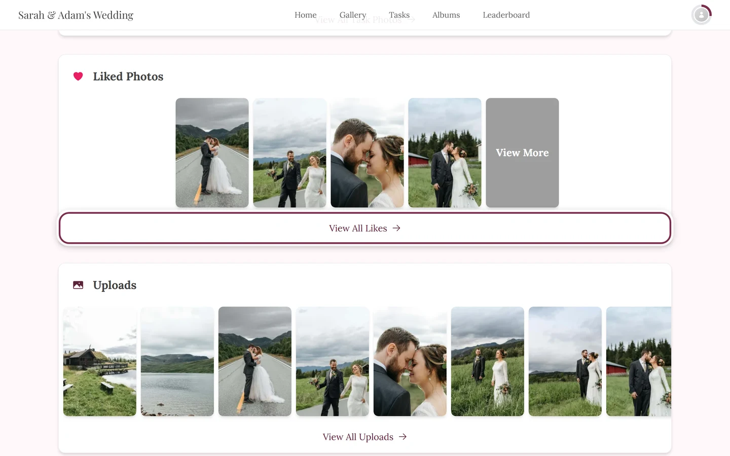 Profile page, Liked Photos section with the View All Likes link highlighted