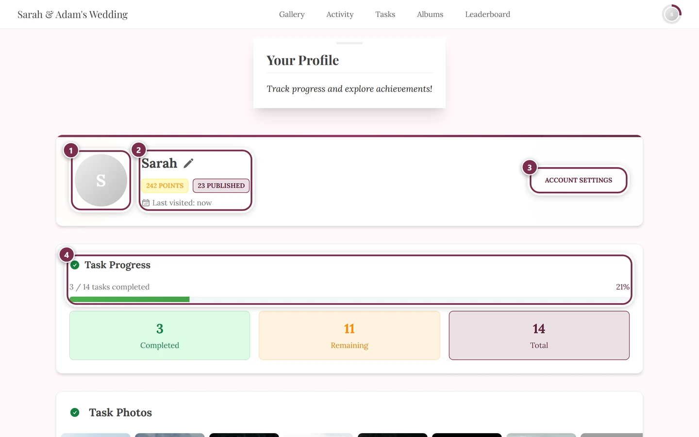 Profile page with points, achievements and rank