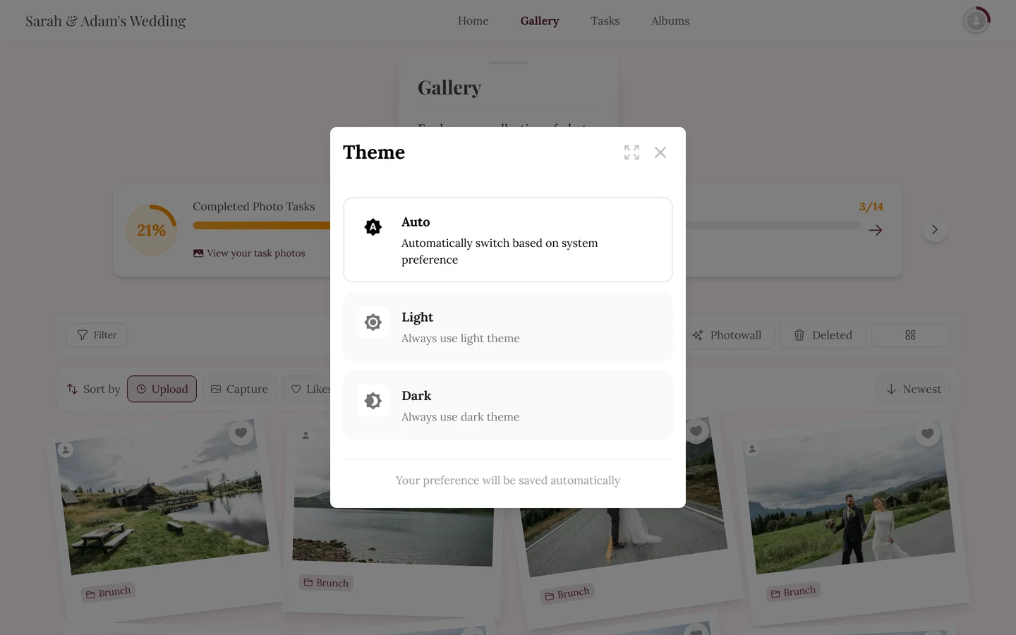 Theme dialog with the three options Auto, Light and Dark