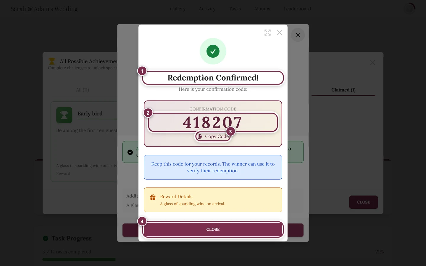 Success dialog with the six-digit confirmation code and four markers