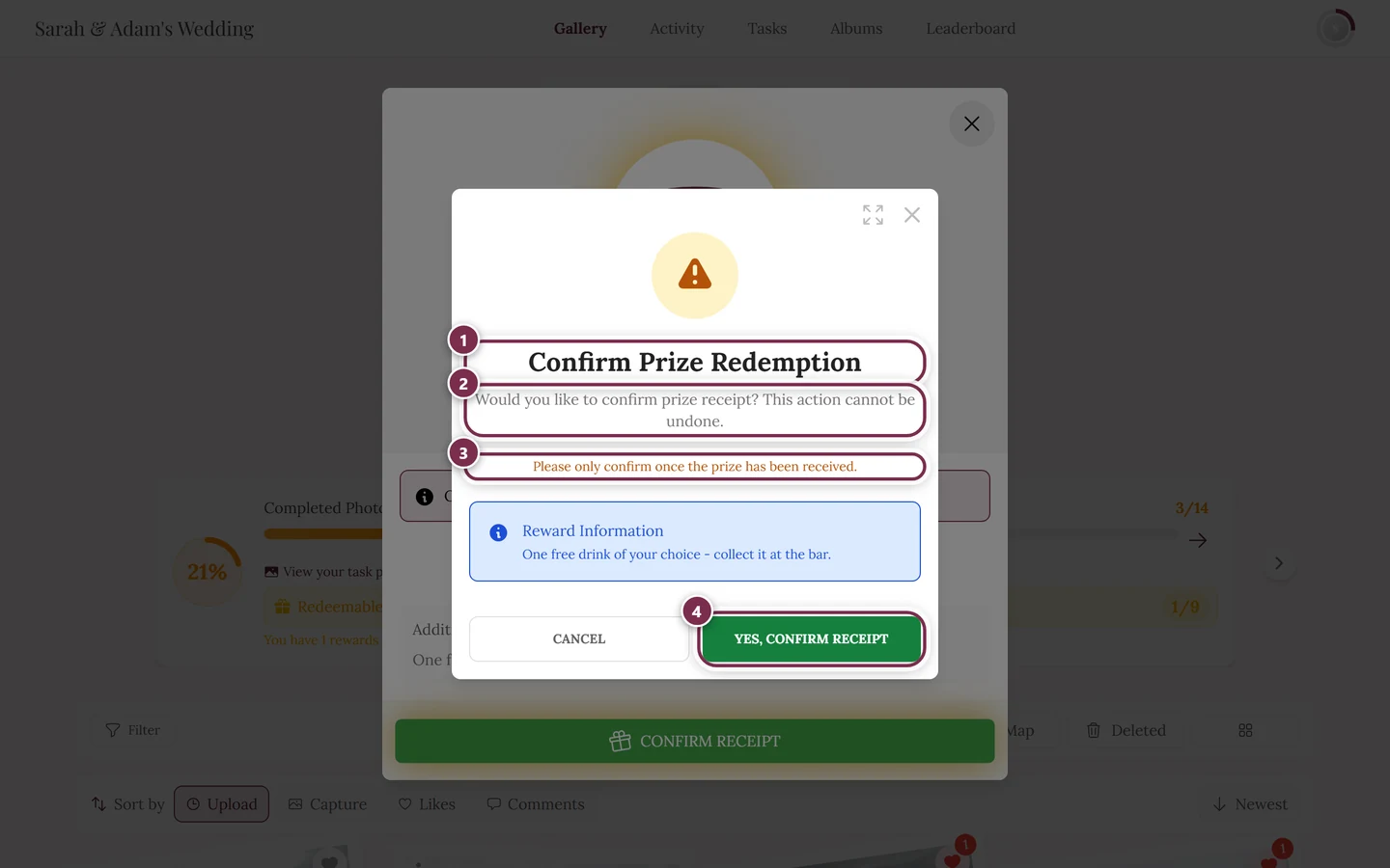 Warning dialog “Confirm Prize Redemption” with four markers