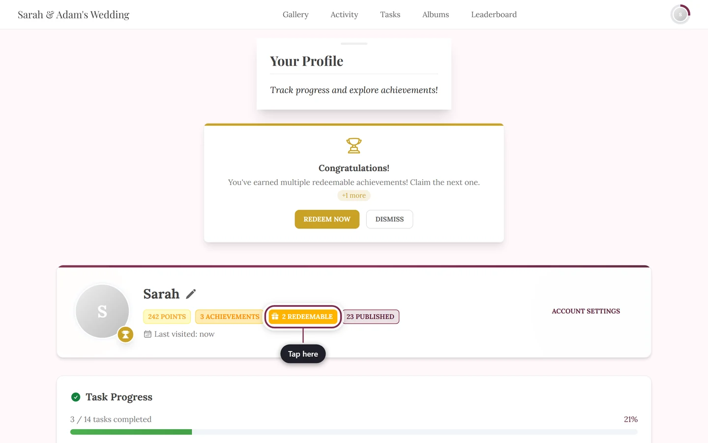 Profile header with the “2 redeemable” chip highlighted
