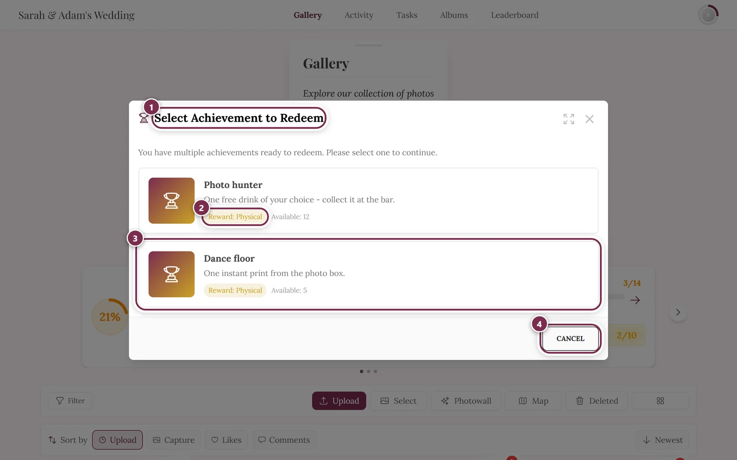 Selection dialog with two reward cards and four markers