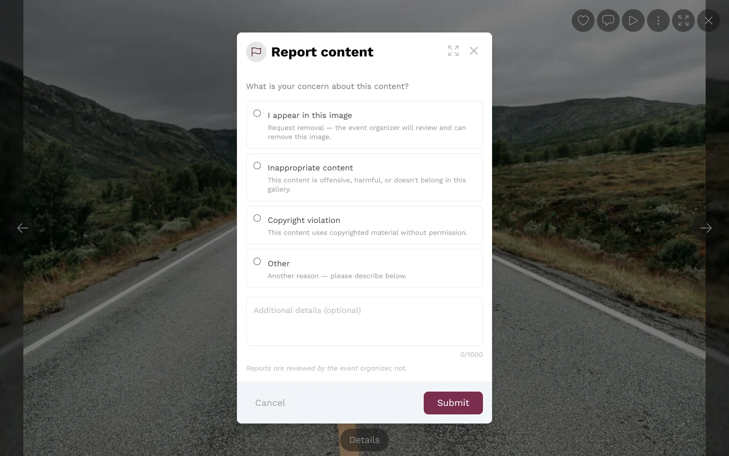 Report dialog with the list of reasons