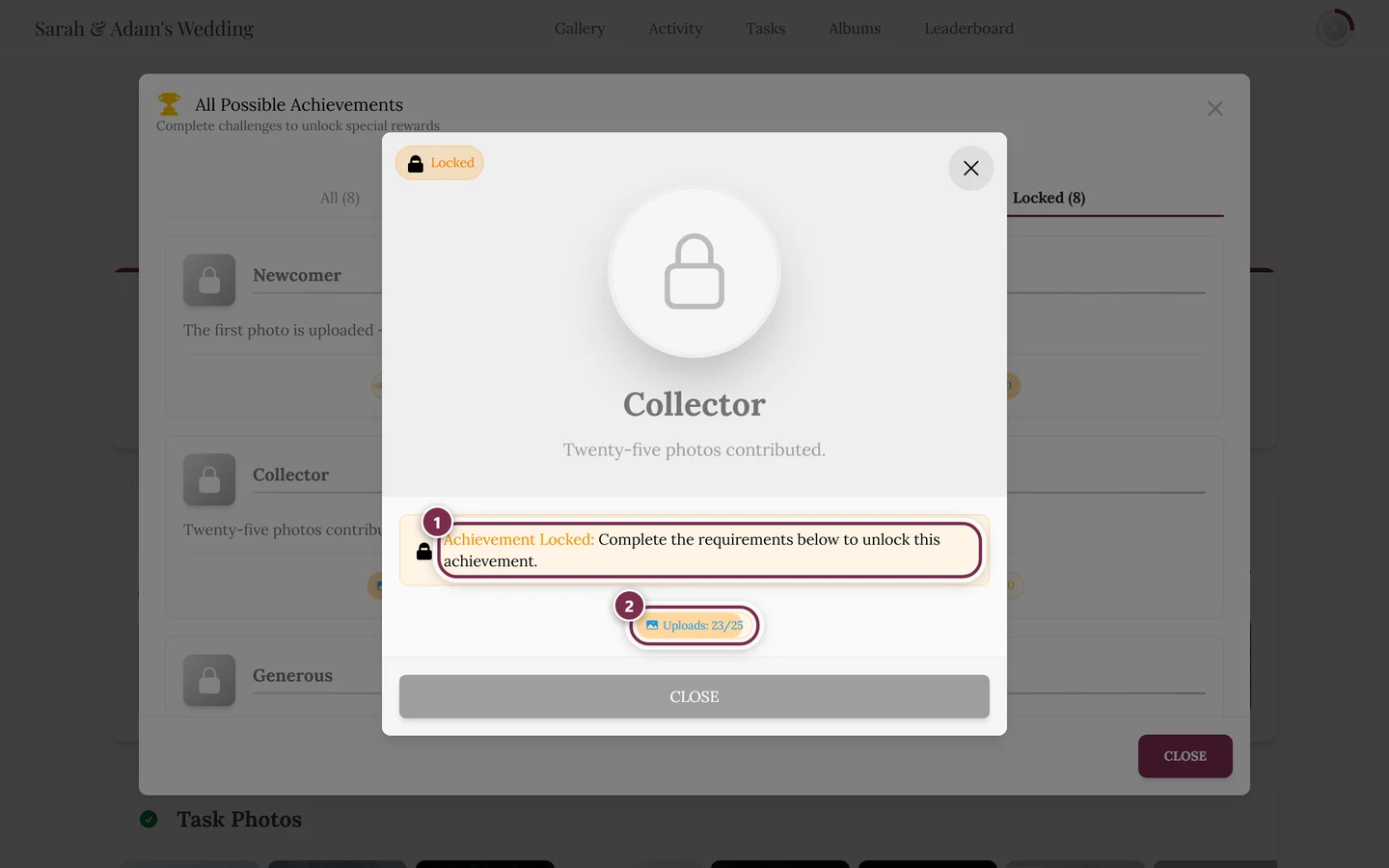 Dialog of a locked achievement with the info box and the requirement list highlighted in red