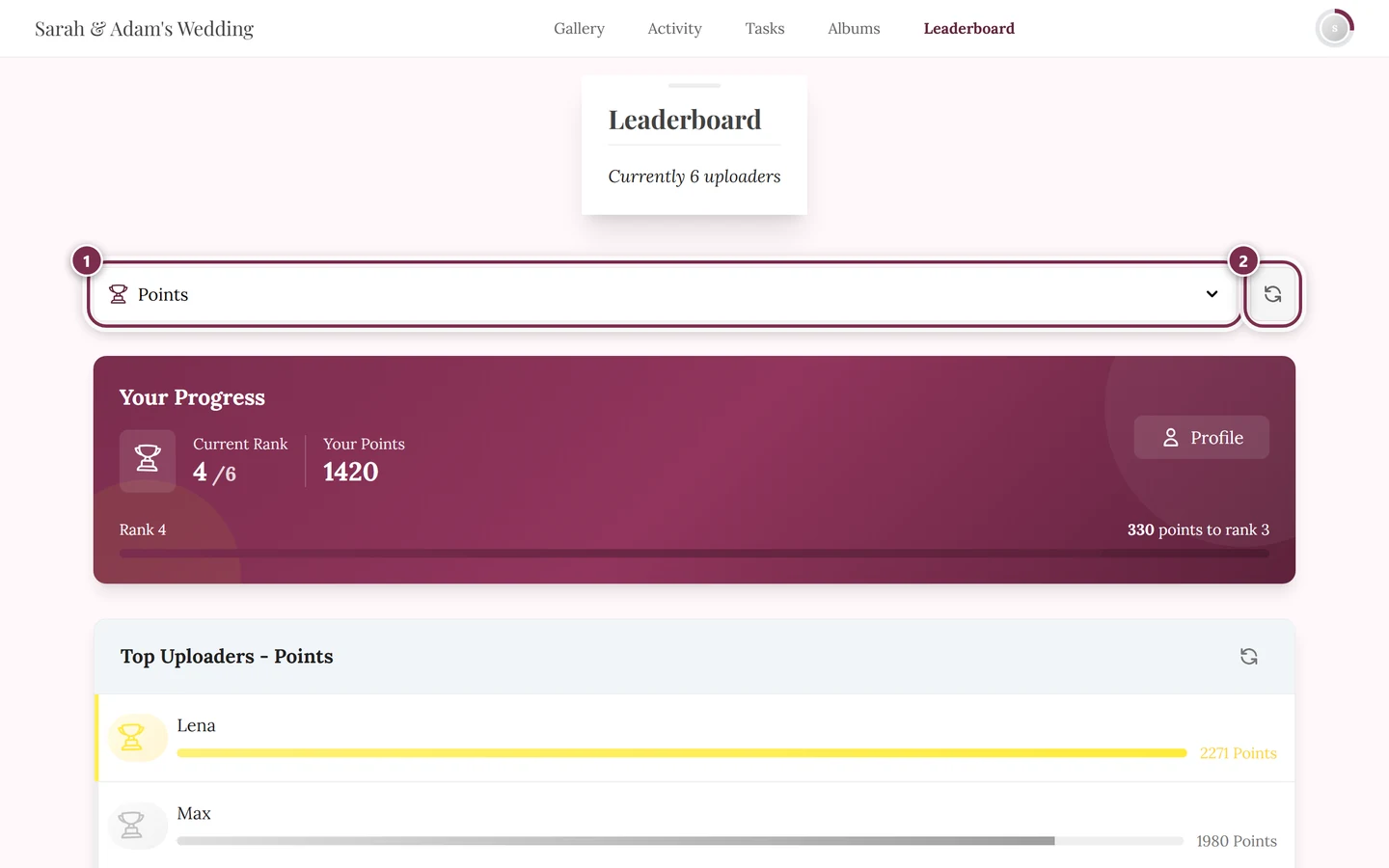 Leaderboard header with the metric selector and the refresh button highlighted in red