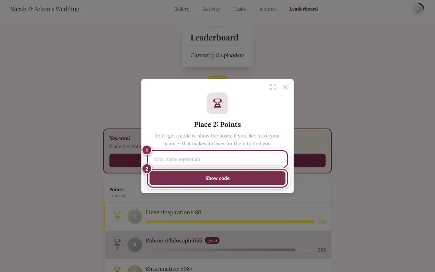 Place 2 Points dialog with the name field and the Show code button