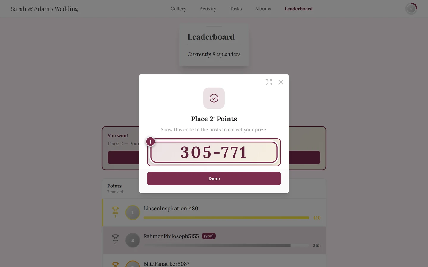 The dialog showing the six-digit code with the Done button below