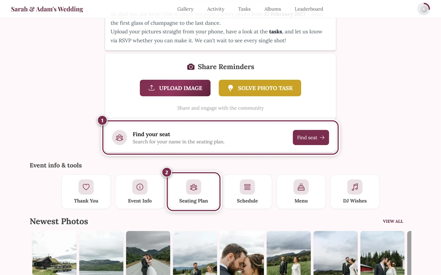 Event home page with the Find your seat card and the Seating Plan tile