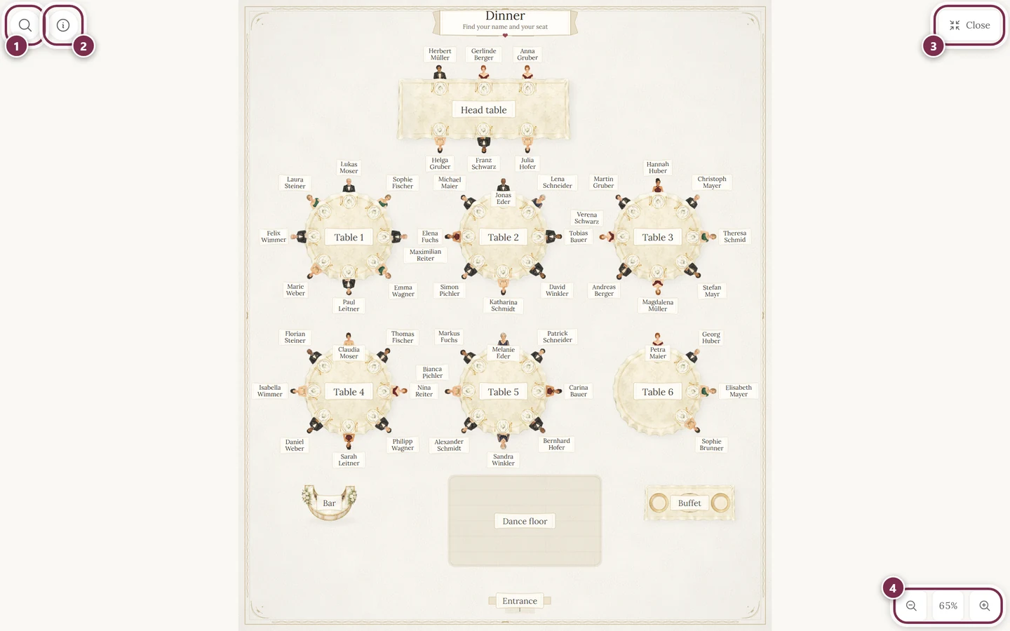 Seating plan in fullscreen with magnifier, info button, close and zoom display