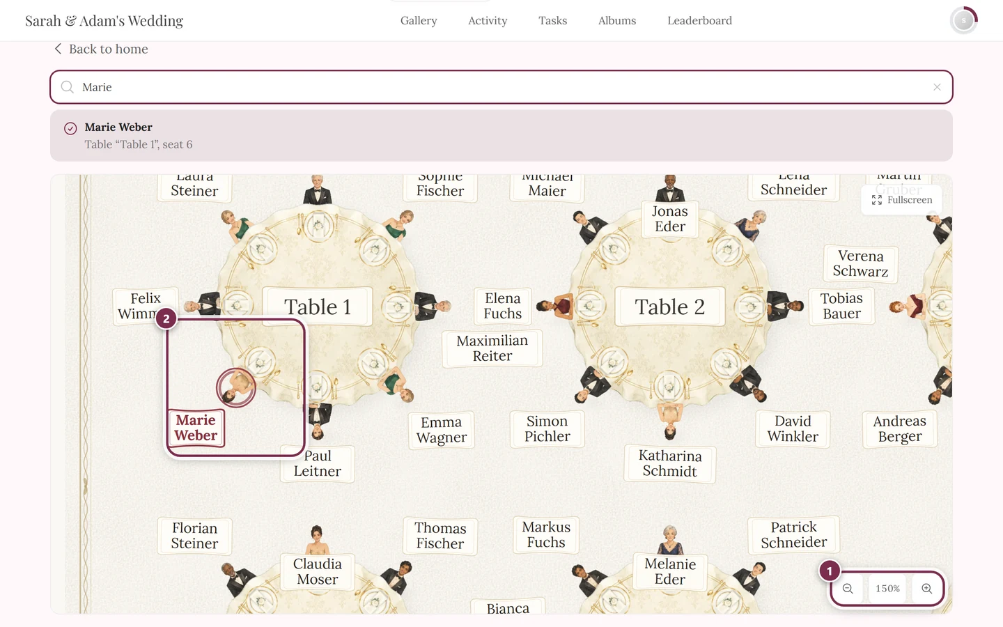 Seating plan at 150 percent with figures, place settings and name tags