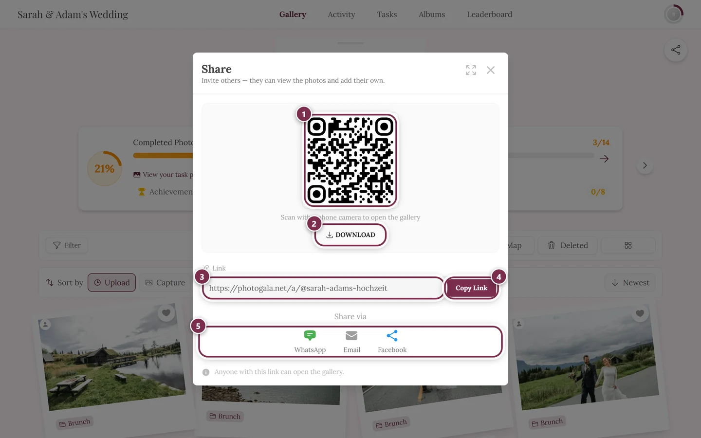 Share dialog with QR code, Download button, link field, Copy Link and the direct buttons