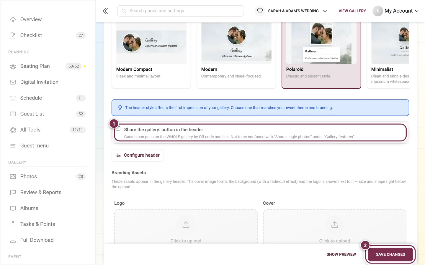 Appearance tab with the Share the gallery: button in the header checkbox highlighted