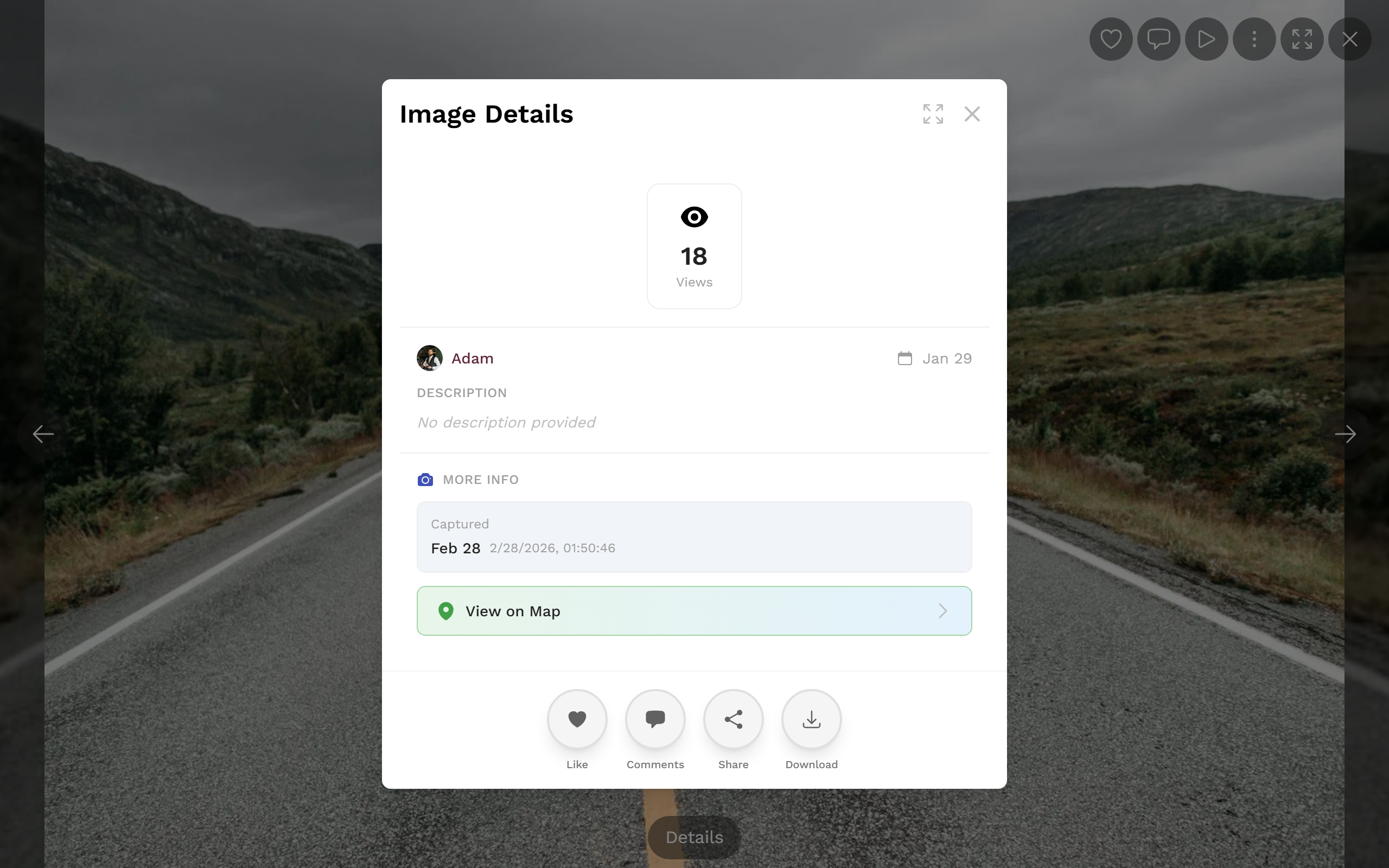 Image details dialog with statistics, uploader, date, album, people and capture info