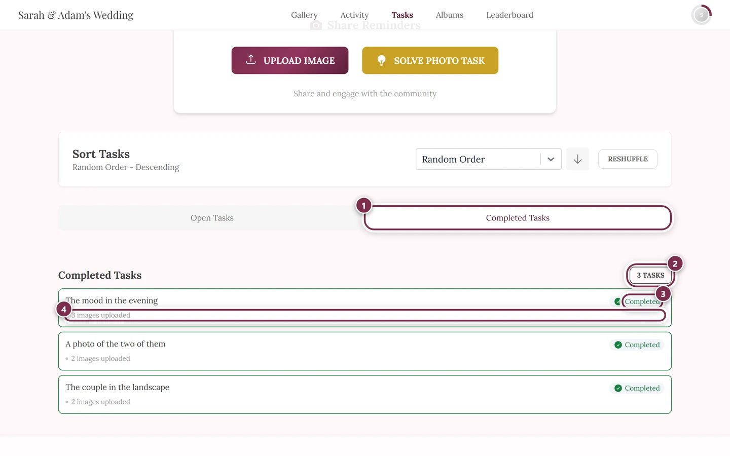 Completed Tasks tab with four markers: active tab, counter, Completed badge, number of your own images