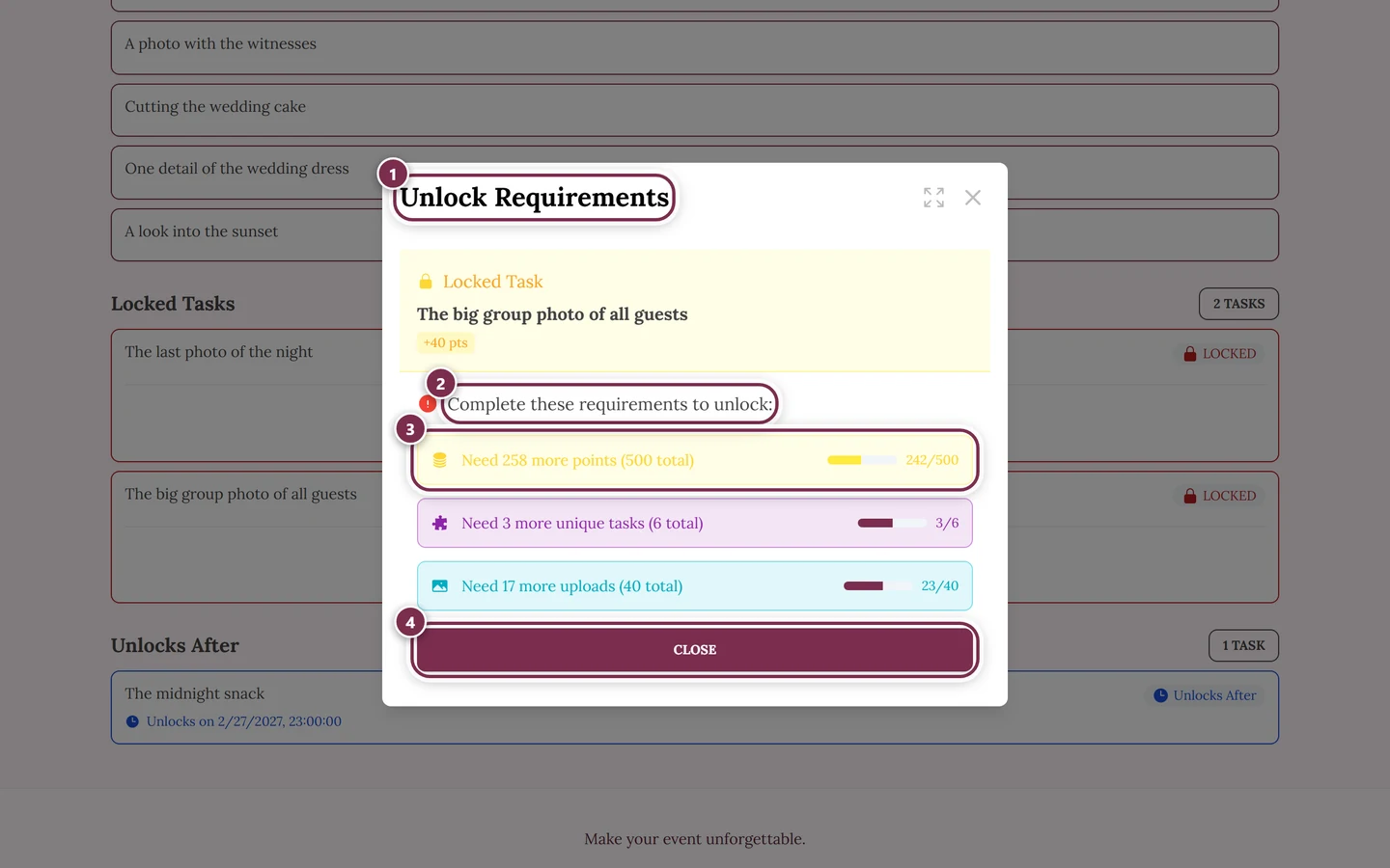 Unlock Requirements dialog with four markers: title, intro, first condition with progress bar, Close button