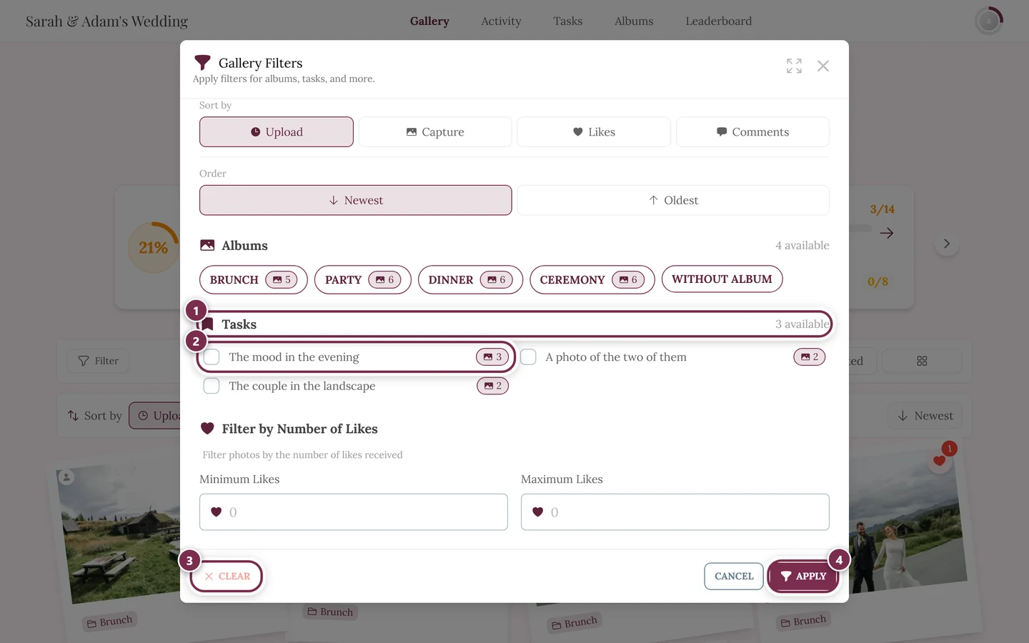 Gallery Filter dialog with four markers: Tasks section header, first checkbox, Clear, Apply