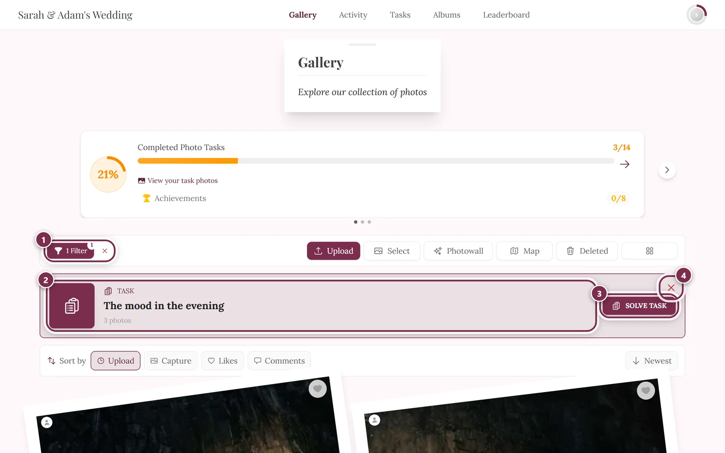 Gallery filtered to one task with four markers: filter chip, task header, Solve Task button, X to remove