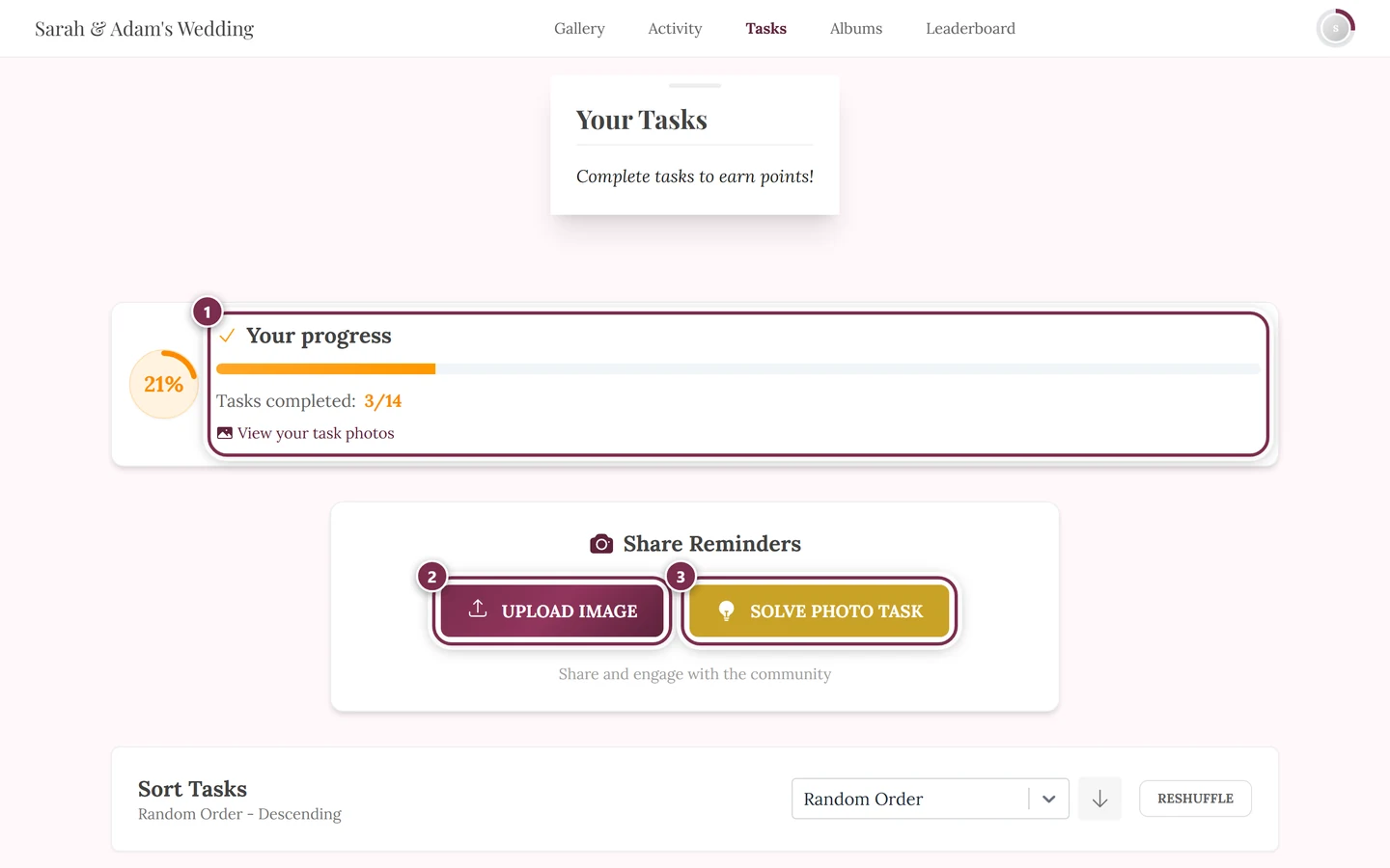 Tasks area with three markers: progress, upload image, solve photo task