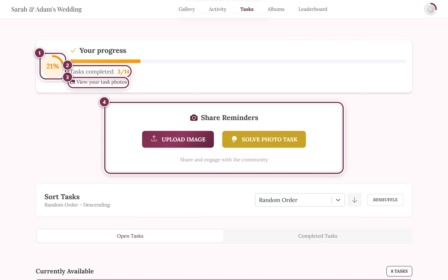 Top of the tasks page with four markers: progress ring, Tasks completed line, link, Share Reminders card