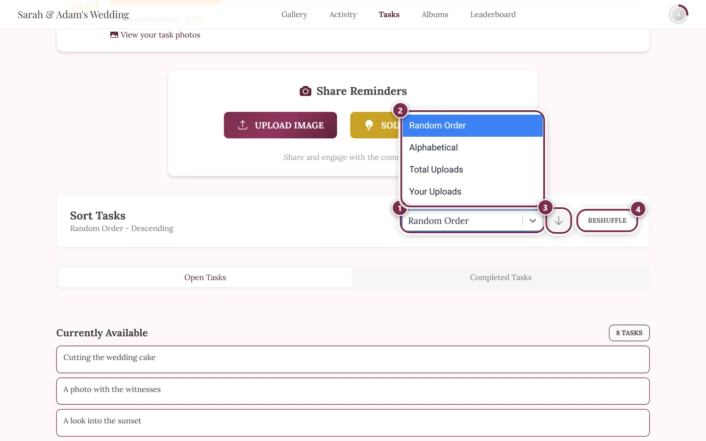 Open sorting select with four markers: select, option list, direction arrow, Reshuffle