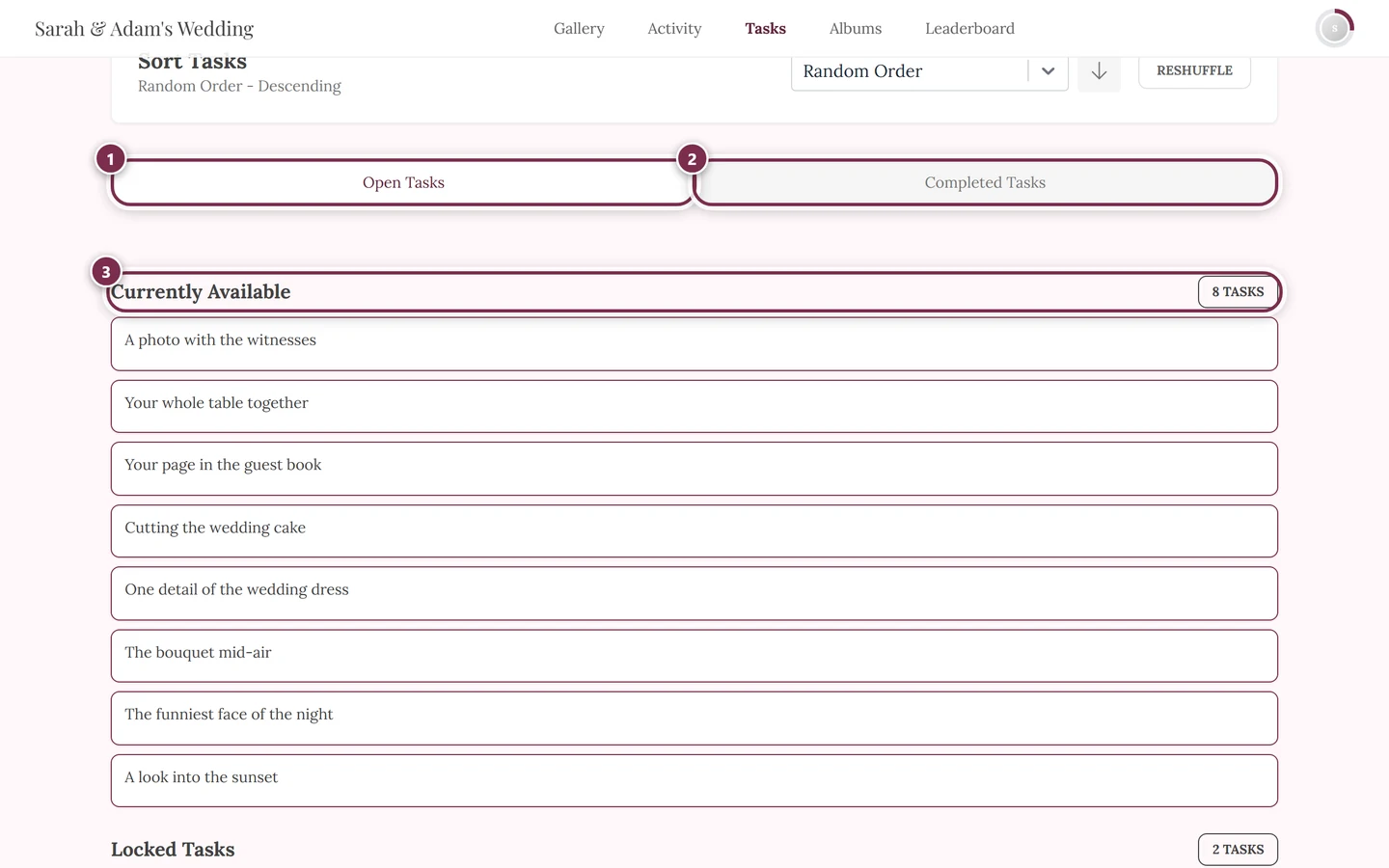 Tasks page with three markers: Open Tasks tab, Completed Tasks tab, header row of the first section