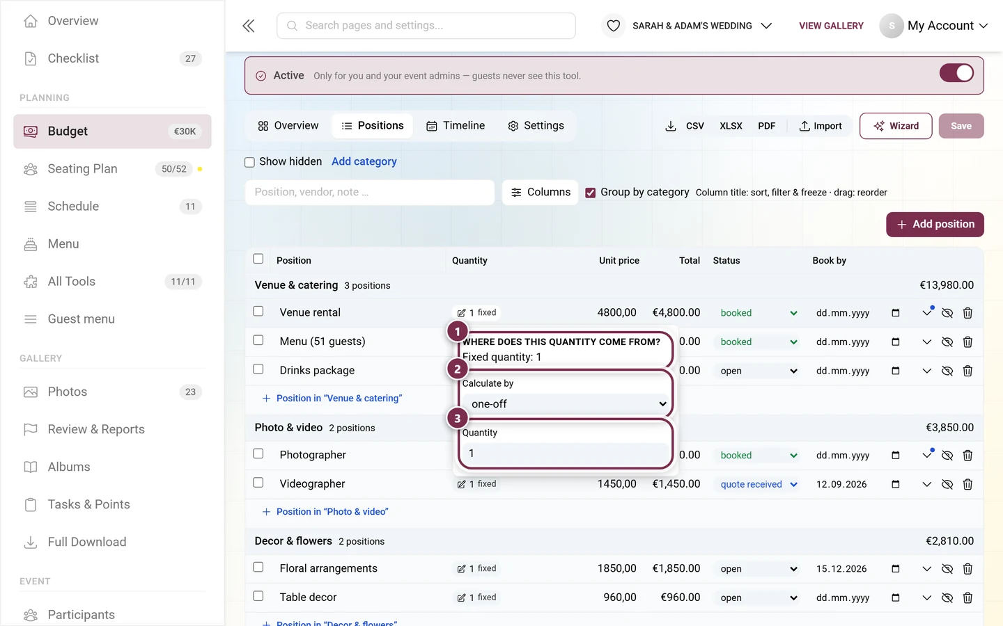 Opened quantity menu with the explanation, the driver dropdown and the quantity field