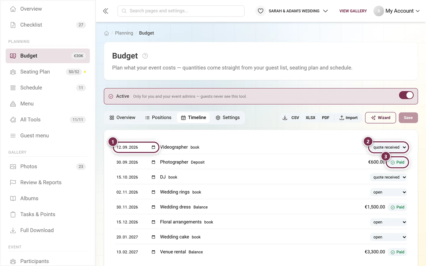 Timeline with deadline, status of a booking and the Paid button on an instalment