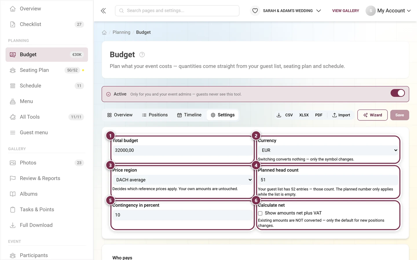Budget settings with total budget, currency, price region, guest count, contingency and net switch