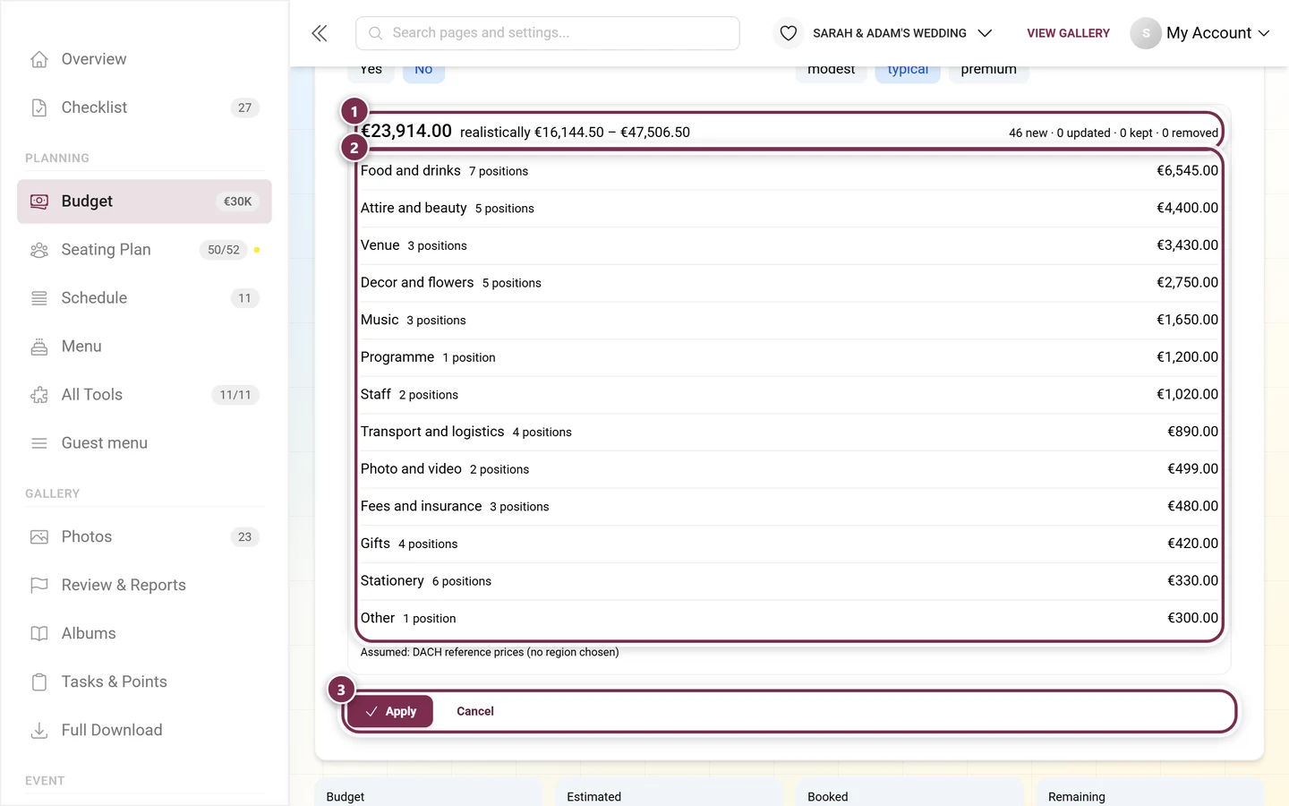 Lower part of the wizard with the result line, the per-category preview and the Apply button