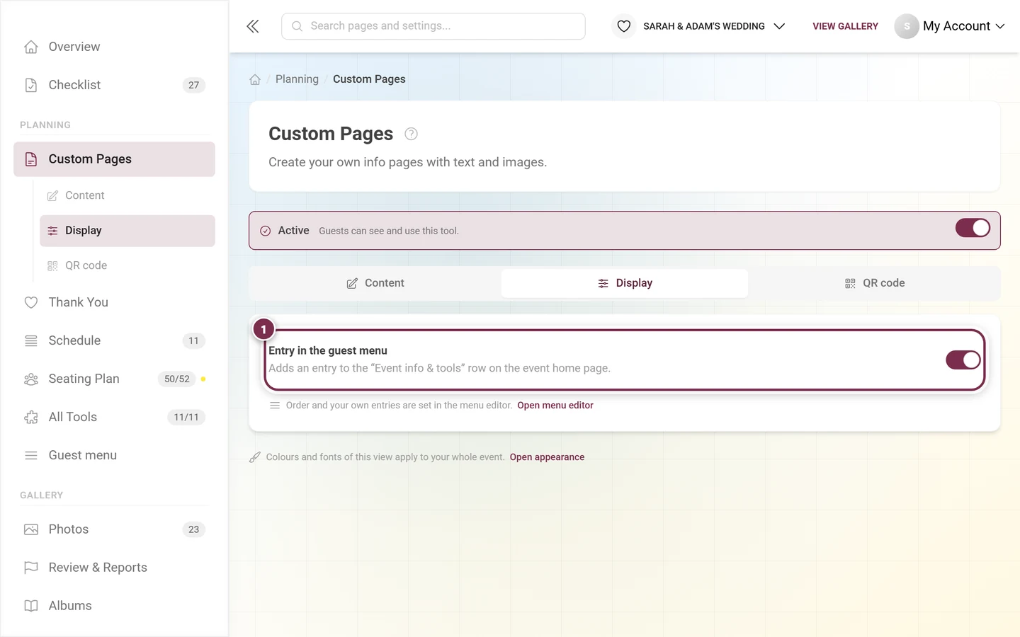 Display tab of Custom Pages with the Entry in the guest menu switch highlighted