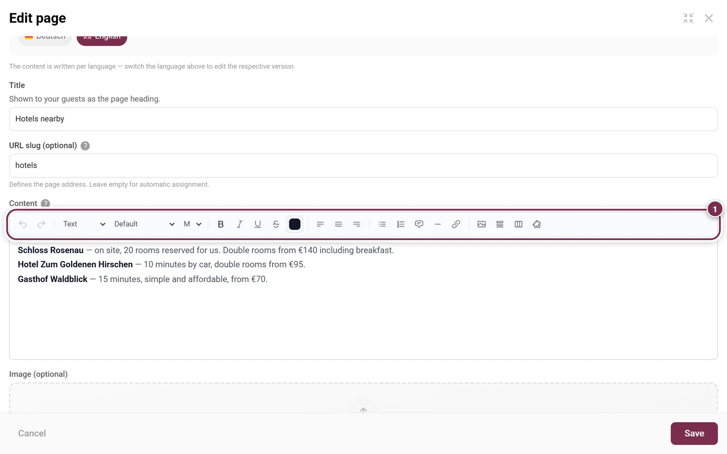 Page dialog with the rich text editor toolbar highlighted