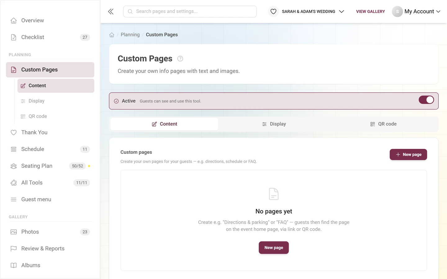 Empty state of Custom Pages with the note No pages yet and the New page button