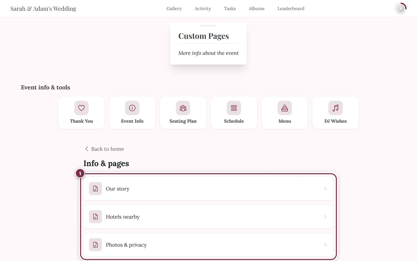 Info and pages overview in the guest view with three entries