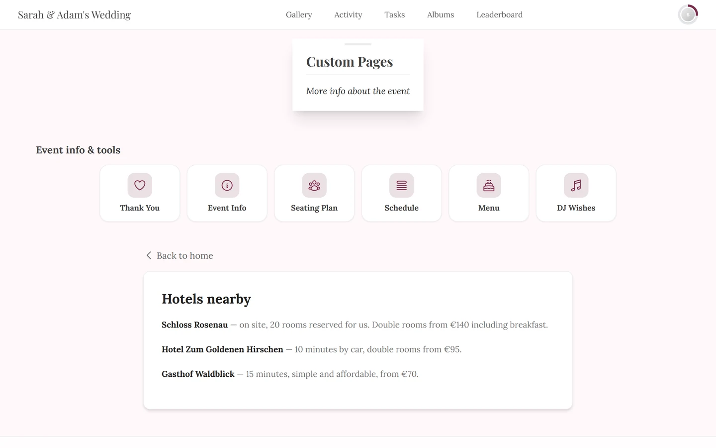 A finished custom page in the guest view with heading, image and text
