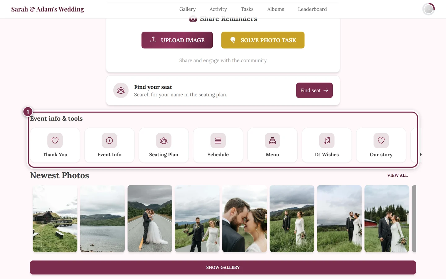 Event info and tools row on the guest home page with the card of a custom page highlighted