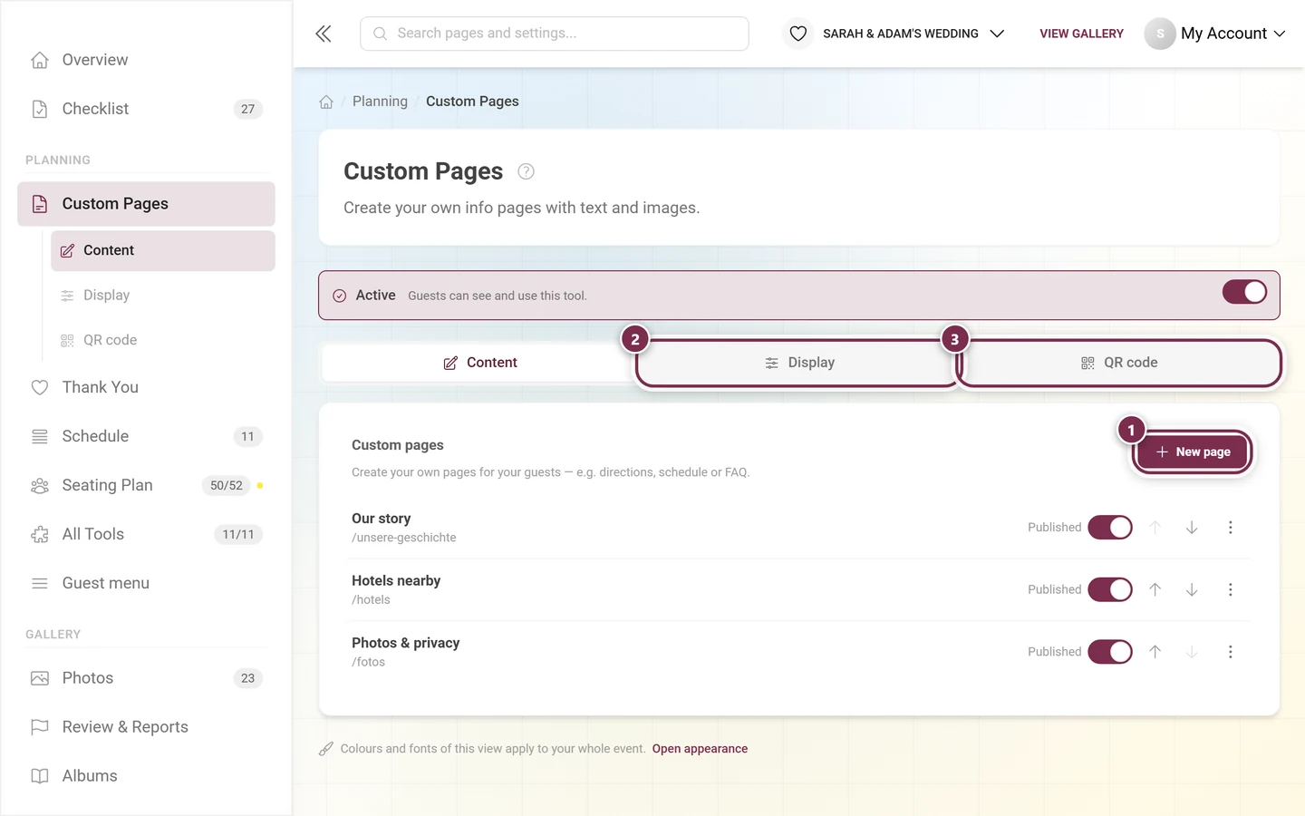 Header of Custom Pages with the New page button and the Display and QR code tabs highlighted