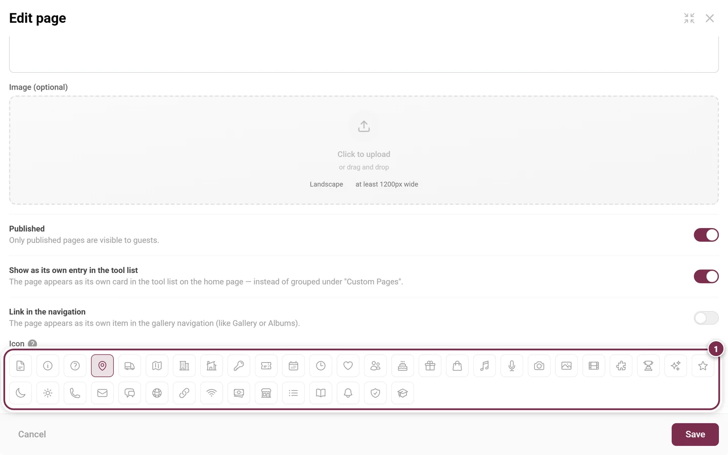 Icon picker in the page dialog with forty-one icons, the map icon selected