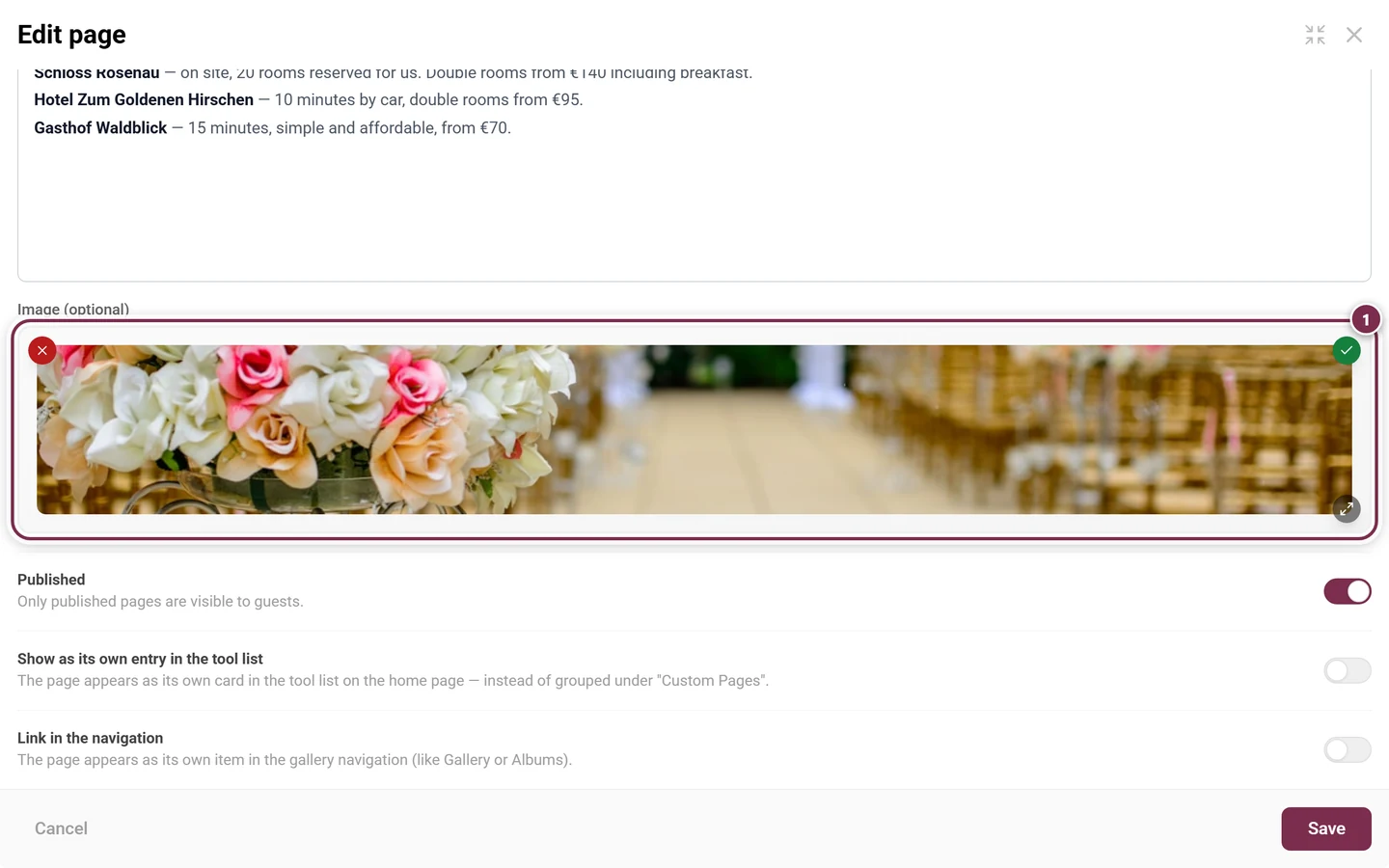 Page dialog with the image area highlighted and a sample photo selected