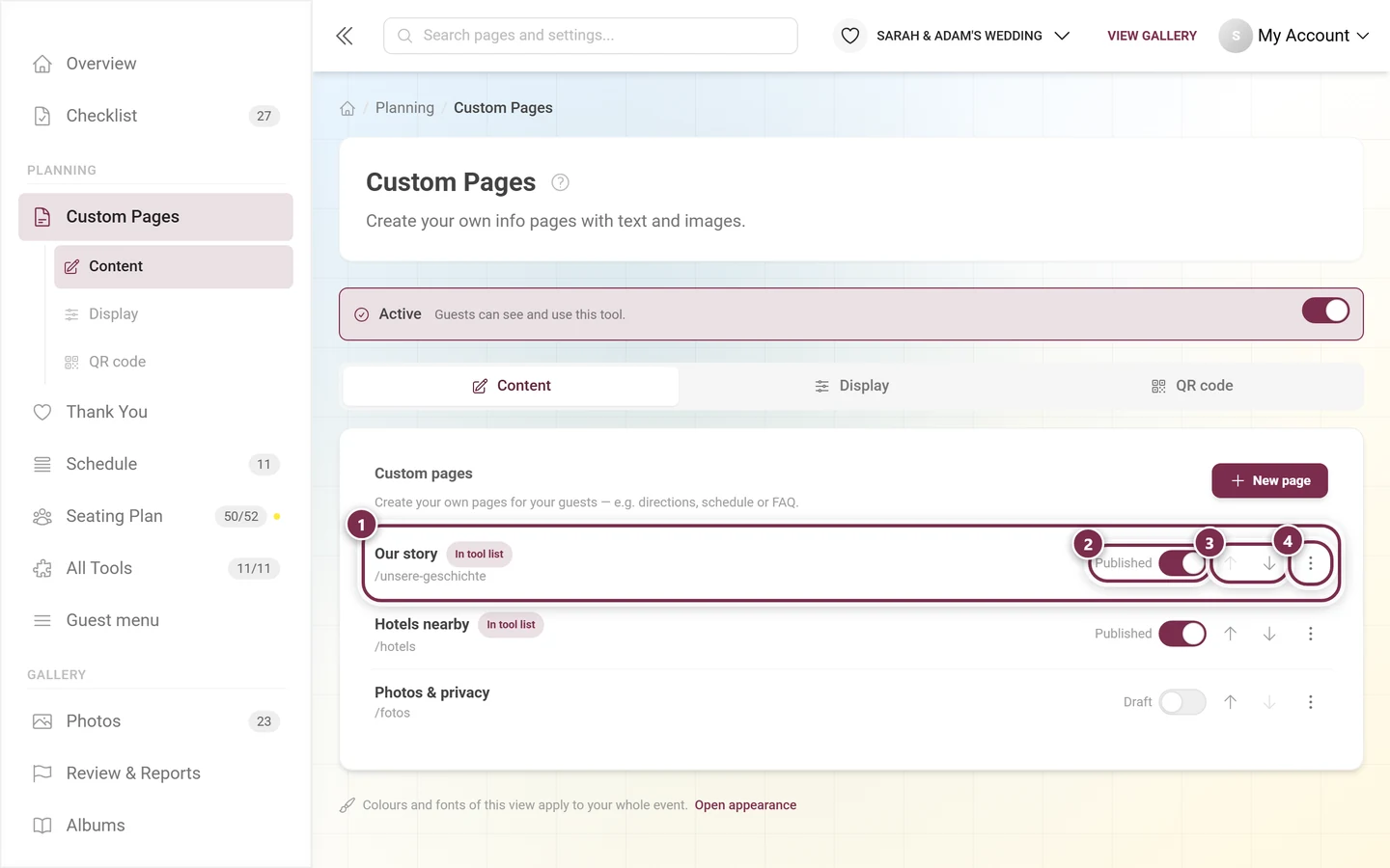 List of three custom pages with a row, the published switch, the arrows and the three-dot menu highlighted