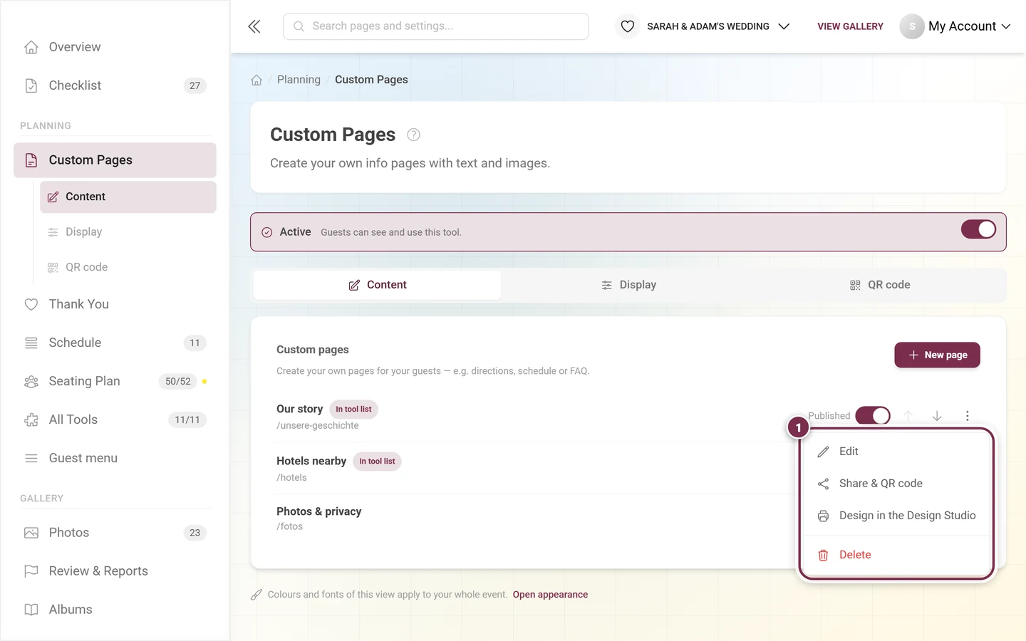 Opened three-dot menu of a page with four entries