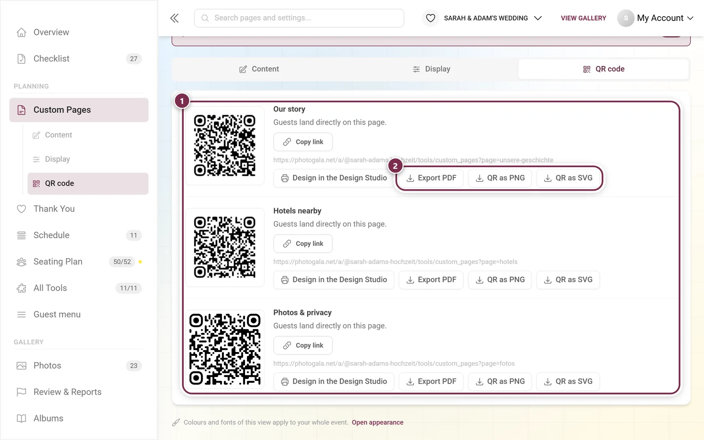 QR code tab with one block per published page, a card and the export buttons highlighted
