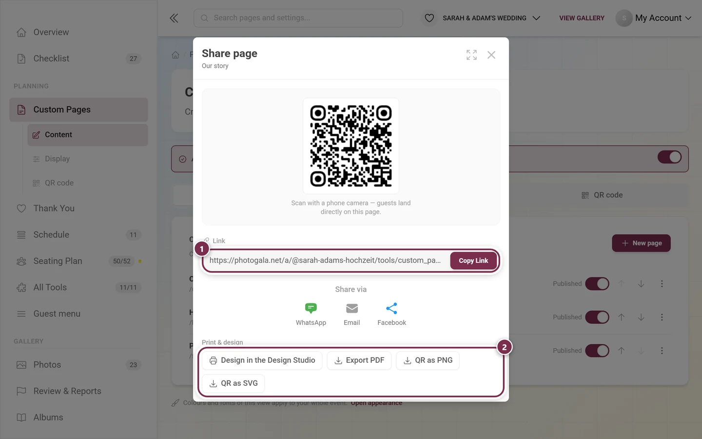 Share dialog of a custom page with the link row and the four print and design buttons highlighted