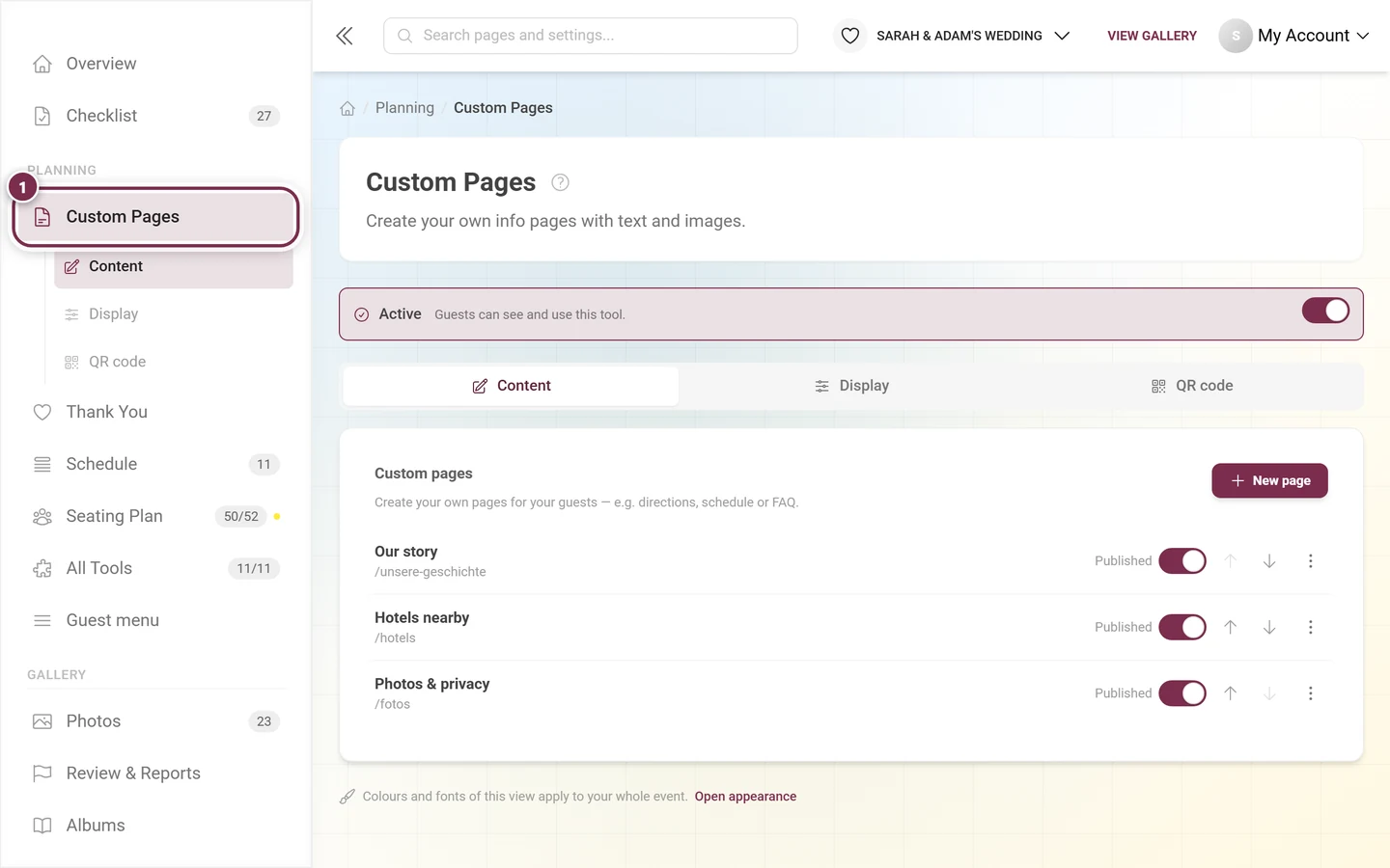 Admin sidebar with the Custom Pages entry under Planning highlighted